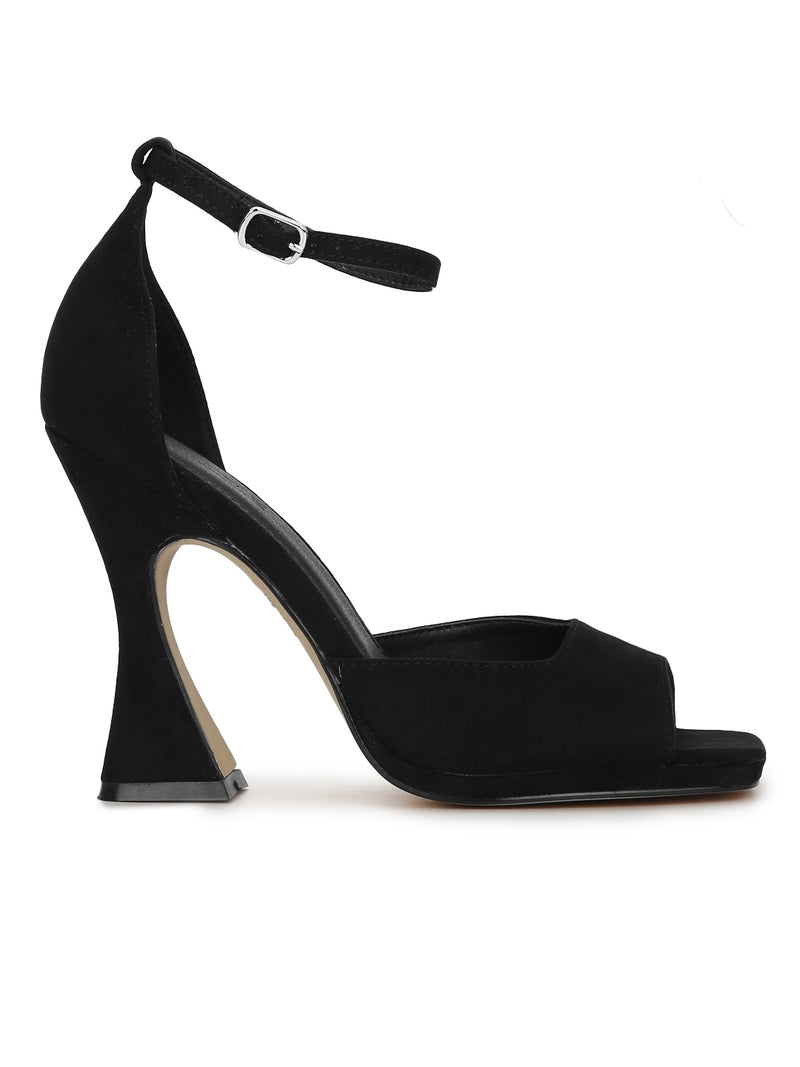 Black Micro Ankle Strapped Pyramid Heels