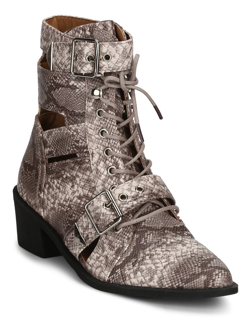 Beige Snake Buckled Pointed Toe Ankle Boots