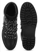 Black Pu B&W Laced Flat Ankle Boots