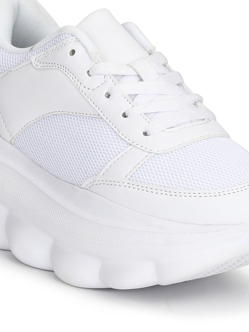 White PU Cleated Bottom Platform Lace-up Chunky Sneakers