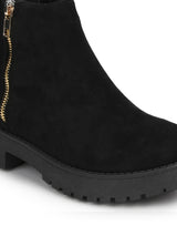Black Micro Gold Zip Low Heel Ankle Boots