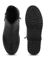 Black PU Gold Zip Low Heel Ankle Boots