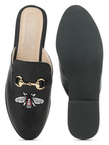 Black Pu Bee Detailed Open Back Flat Loafers