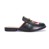 Black Embroided Open Back Loafers