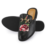 Black Embroided Open Back Loafers