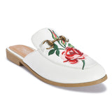White Embroided Open Back Loafers