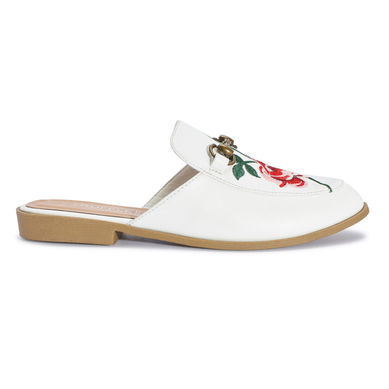 White Embroided Open Back Loafers
