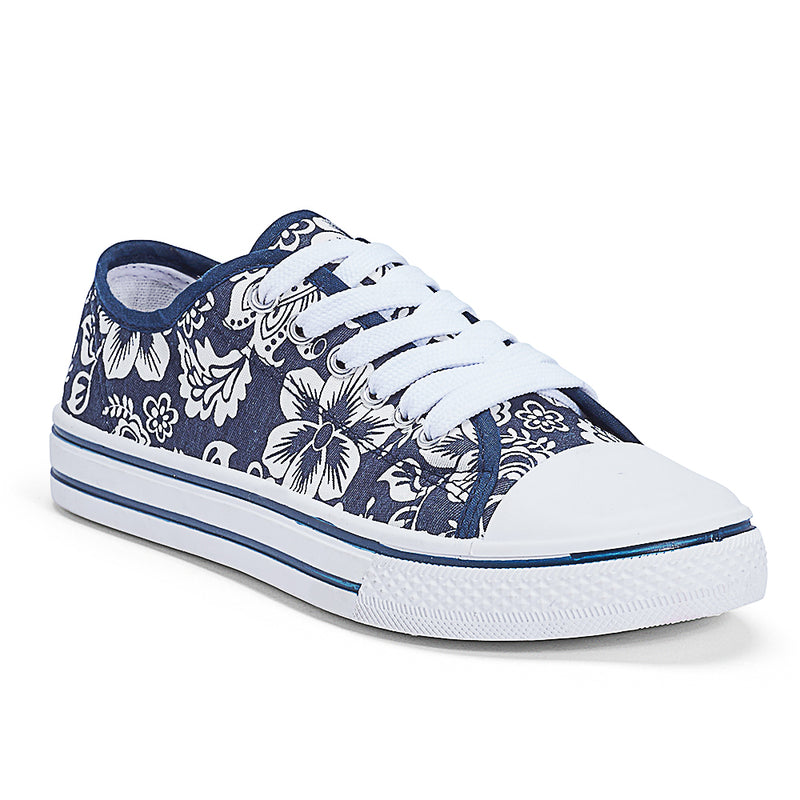Navy Flower Flat Casual Lace Up Sneaker
