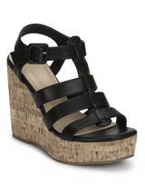 Black Pu Strapped Wedges