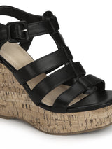 Black Pu Strapped Wedges