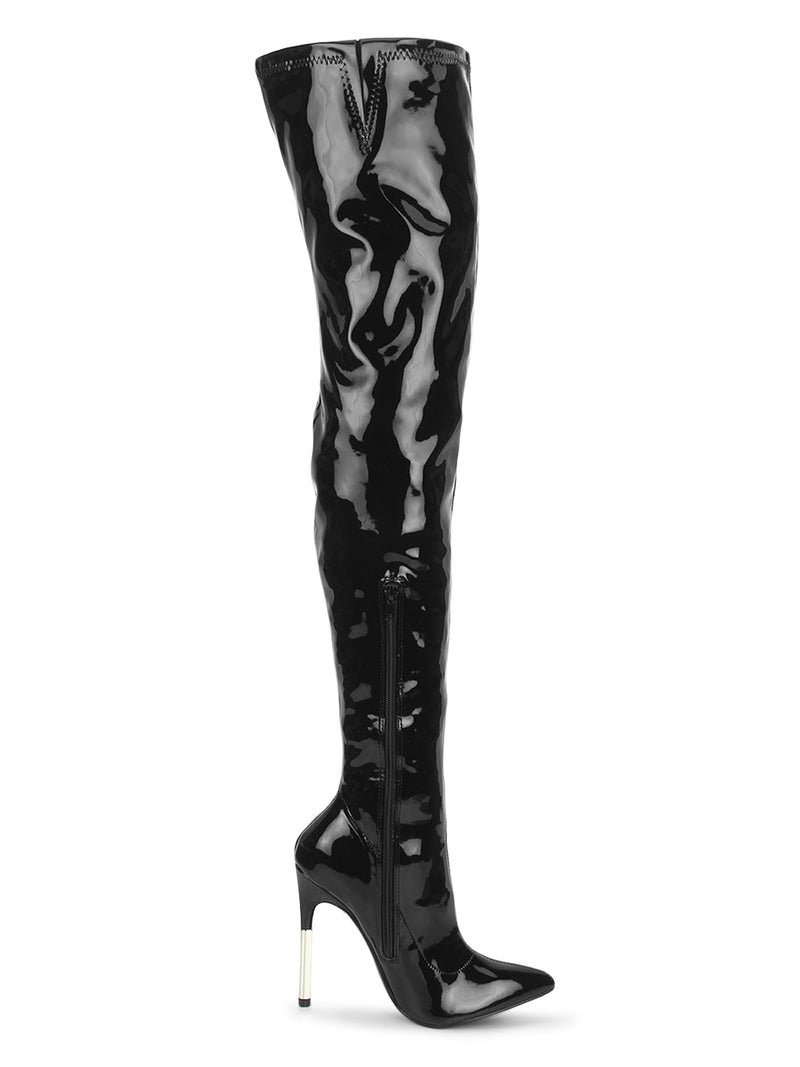 Black Patent Pointy Toe Thigh High Boots