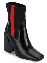 Black with Red Stripe Block Heel Ankle Boots