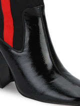 Black with Red Stripe Block Heel Ankle Boots