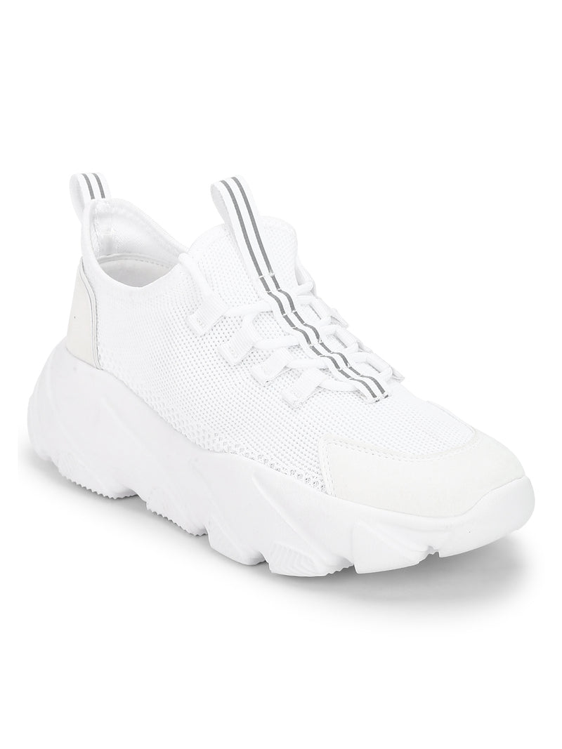 White Knitted Cleated Bottom Lace-Up Chunky Sneakers