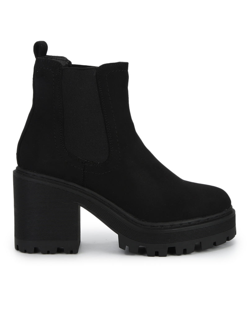 Black Micro Cleated Platform Low Block Heel Ankle Boots