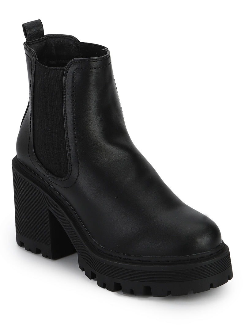 Black PU Cleated Platform Low Block Heel Ankle Boots