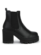 Black PU Cleated Platform Low Block Heel Ankle Boots