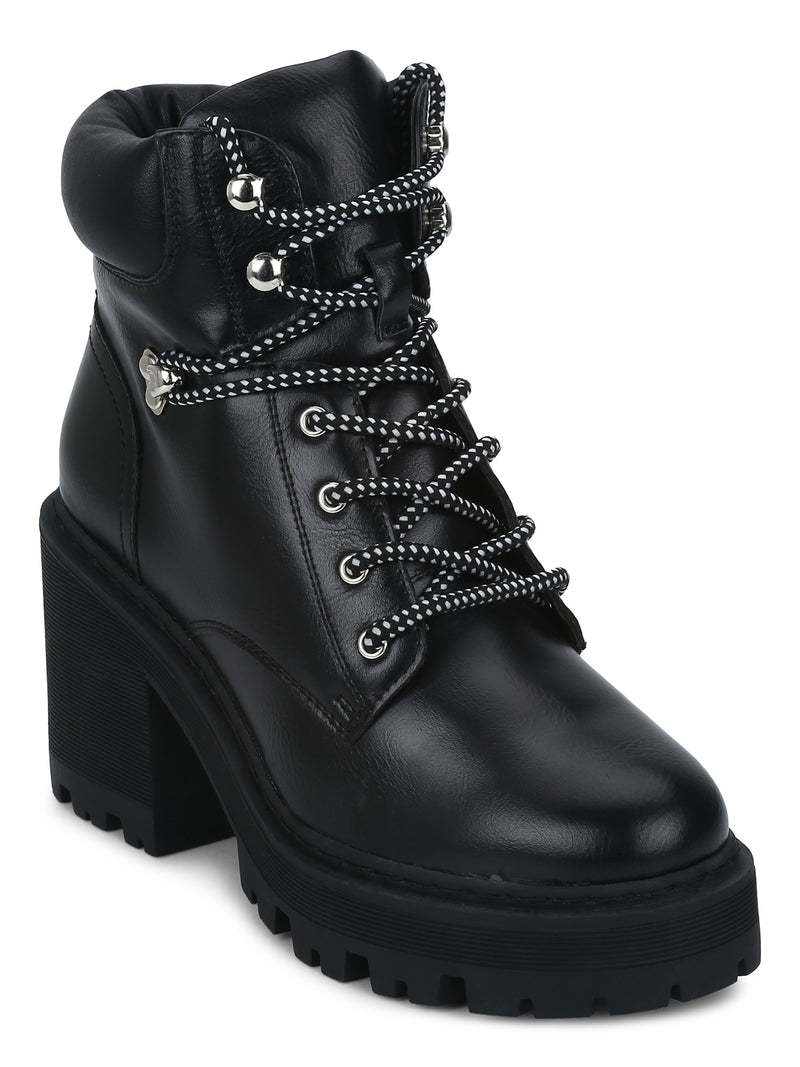 Black Pu Lace Up Block Heel Ankle Boots