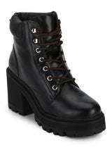 Black PU Cleated Bottom Lace-Up Block Heel Ankle Boots