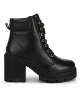 Black PU Cleated Bottom Lace-Up Block Heel Ankle Boots