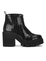 Black Croc Pat Mid Zipper Cleated Platform Block Ankle Boots
