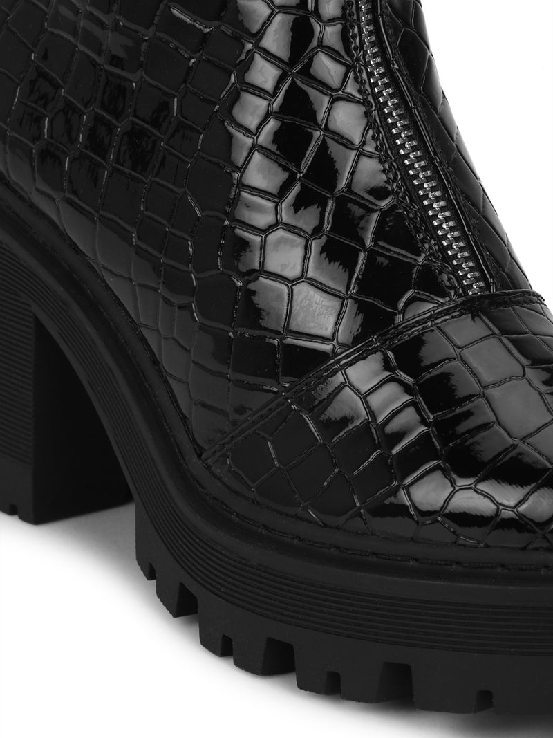 Black Croc Pat Mid Zipper Cleated Platform Block Ankle Boots