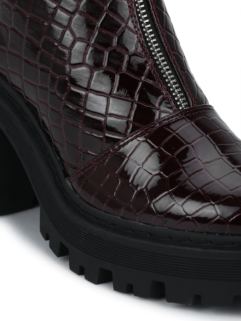 Wine Croc Pat Mid Zipper Cleated Platform Block Ankle Boots