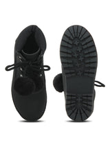 Black Pu Pom Pom Lace-Up Ankle Boots