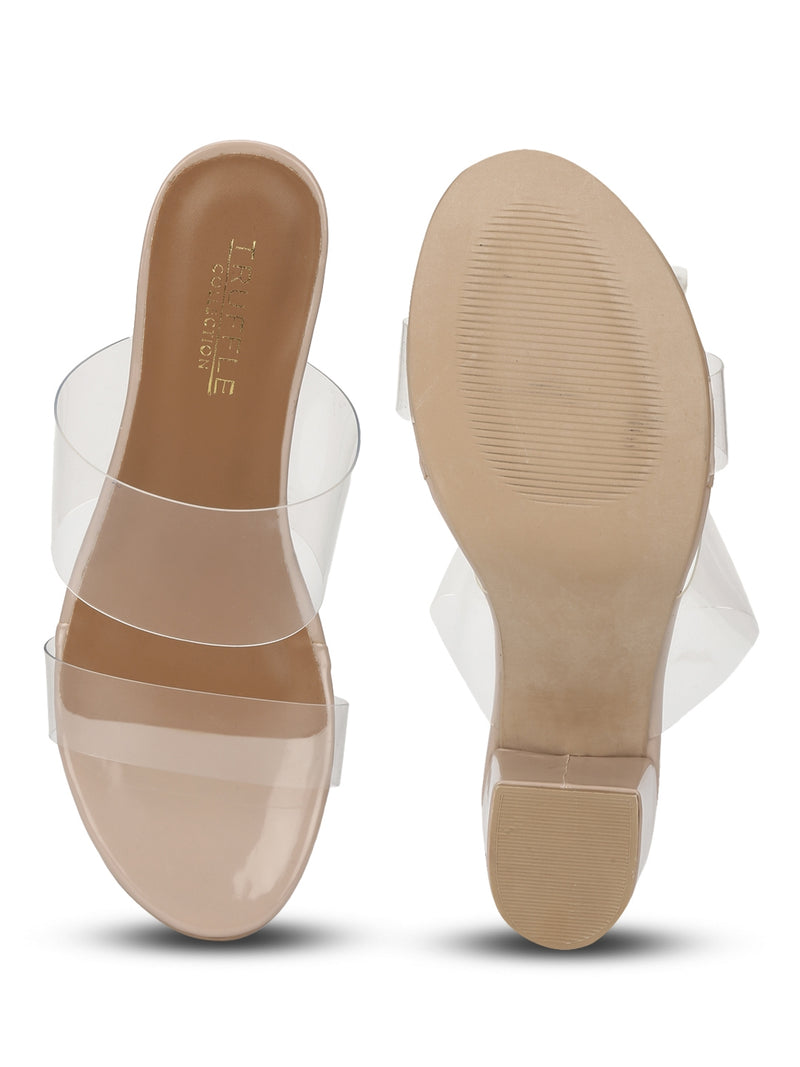 Nude Patent Slip Ons With Clear Straps