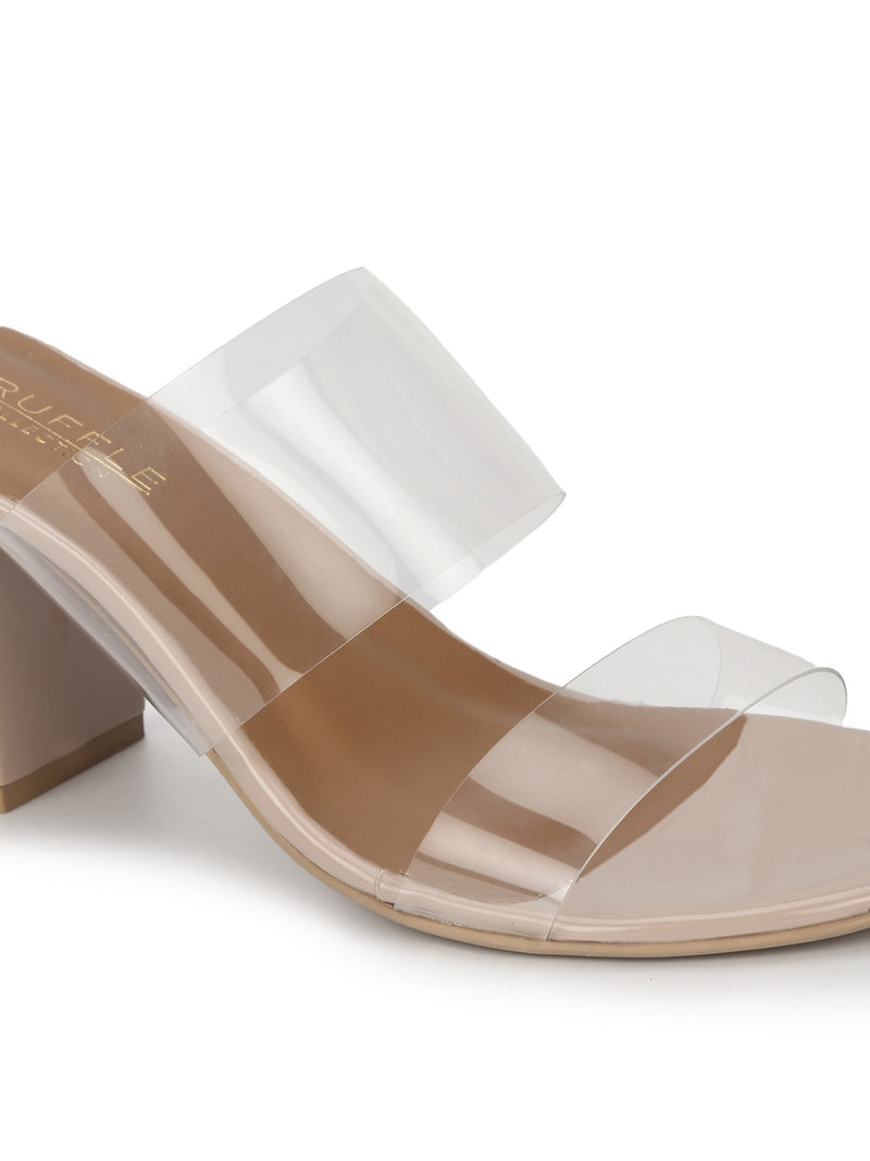Nude Patent Slip Ons With Clear Straps