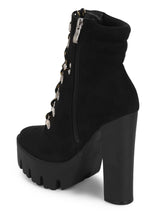 Black Micro Lace Up Block Cleated Heel Ankle Length Boots