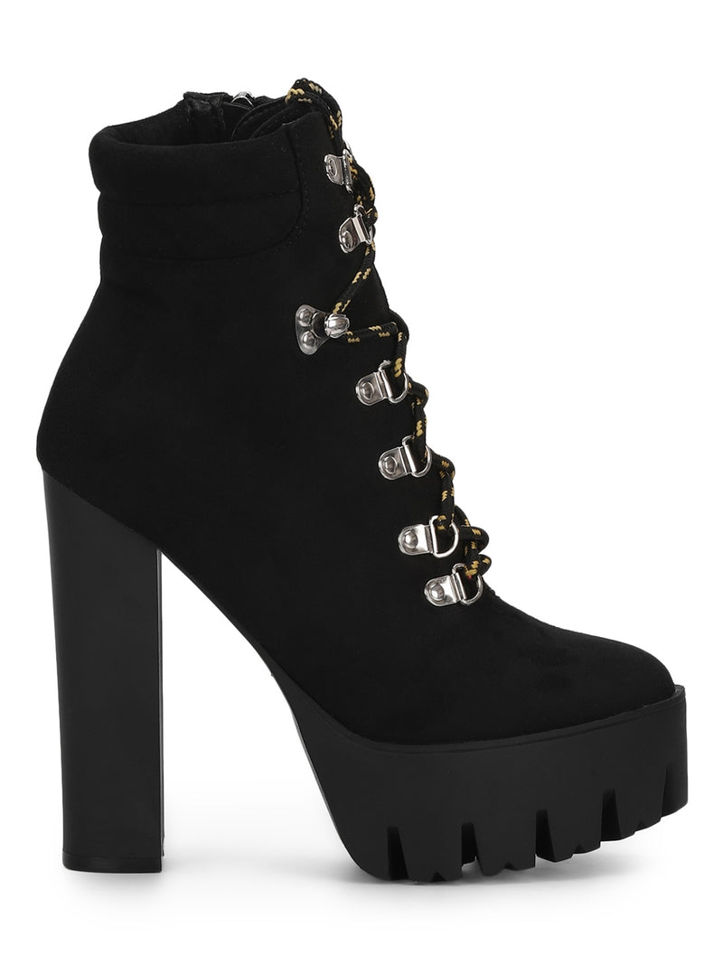 Black Micro Lace Up Block Cleated Heel Ankle Length Boots
