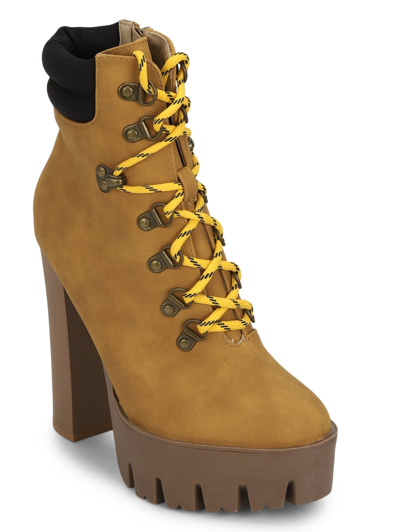 Honey Micro Laced Up Block Cleated Heel Ankle Length Boots