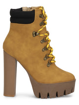 Honey Micro Laced Up Block Cleated Heel Ankle Length Boots