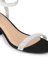 Black Micro Diamante Low Block Heels