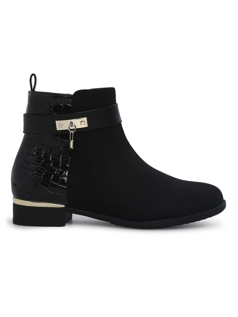 Black Micro Front And Croc Back Flat Ankle Boots