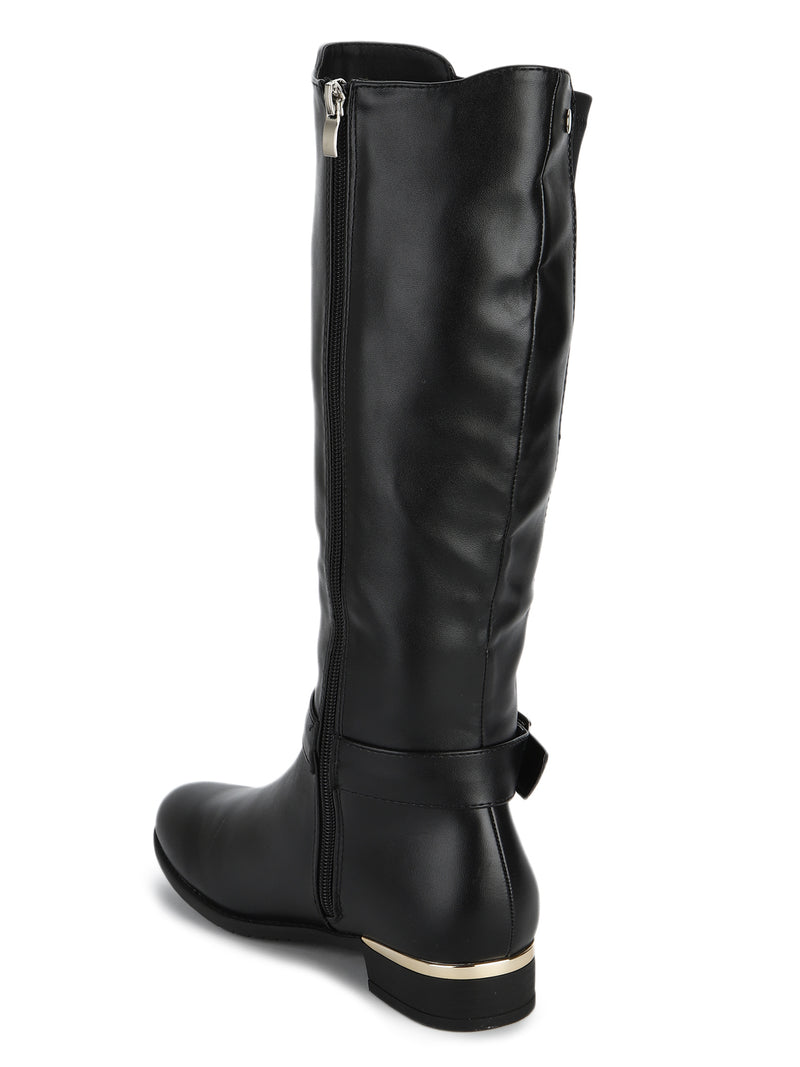 Black PU Buckle Detail Long Boots