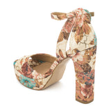 Nude Floral Print Platform Block Heel Sandals