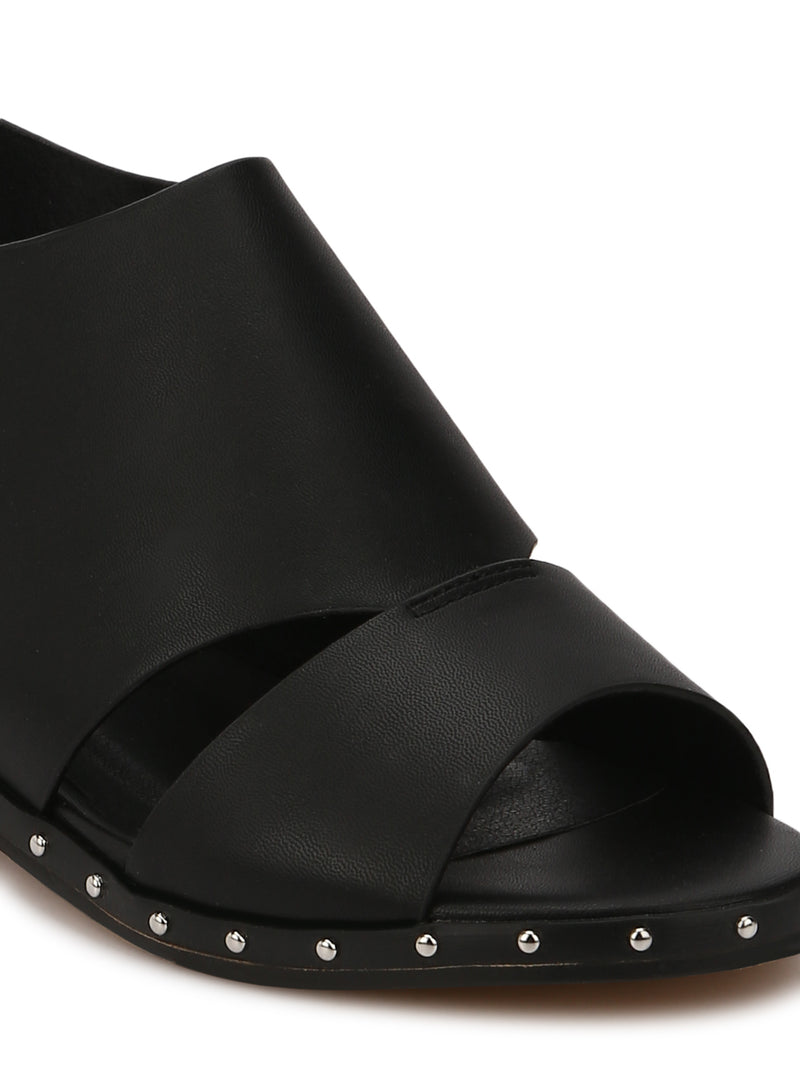 Black PU Studded Low Heel Sandals