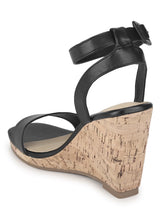 Black PU Wedge Heel Sandals
