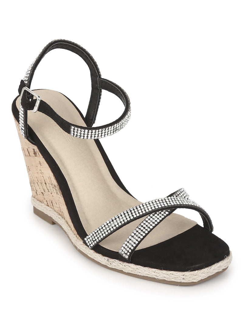 Black Micro Diamante Wedge Heel Sandals