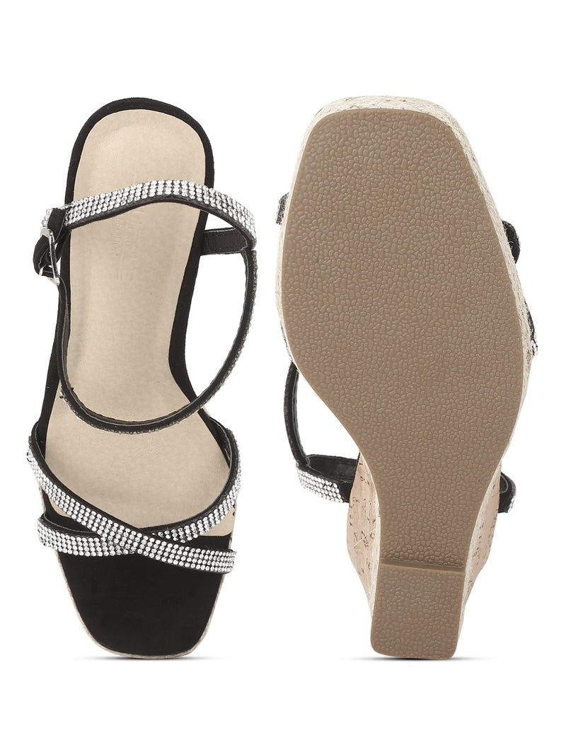 Black Micro Diamante Wedge Heel Sandals