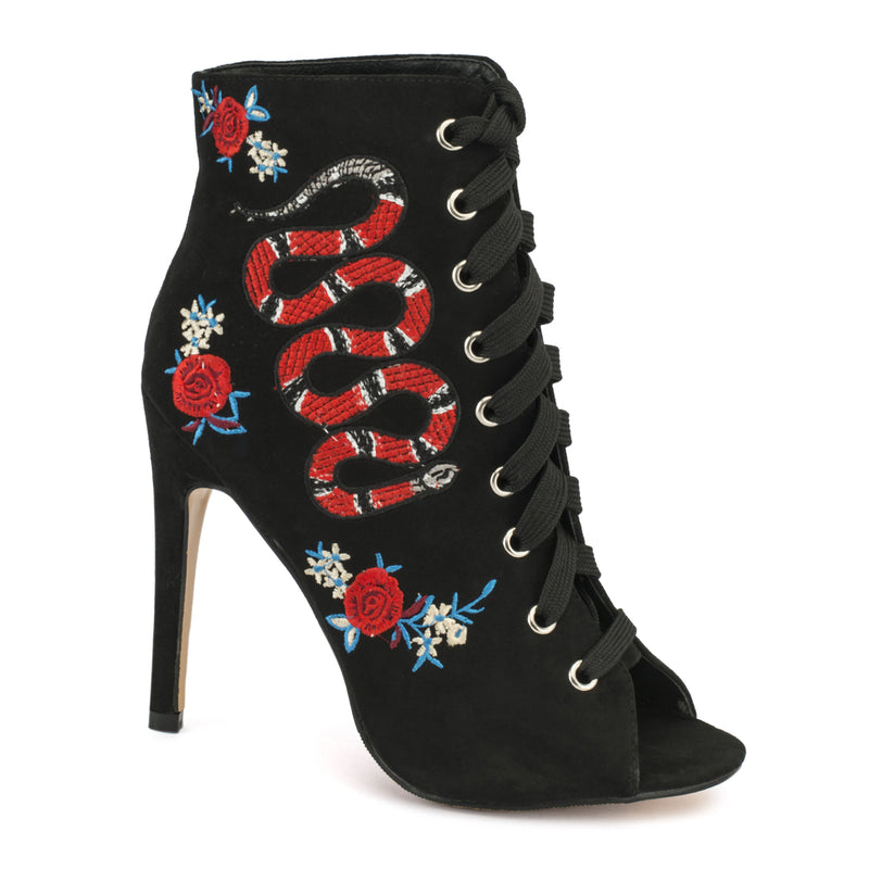 Black Lace Up Snake Embroidery Heels