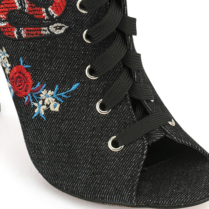 Denim Lace Up Snake Embroidery Heels
