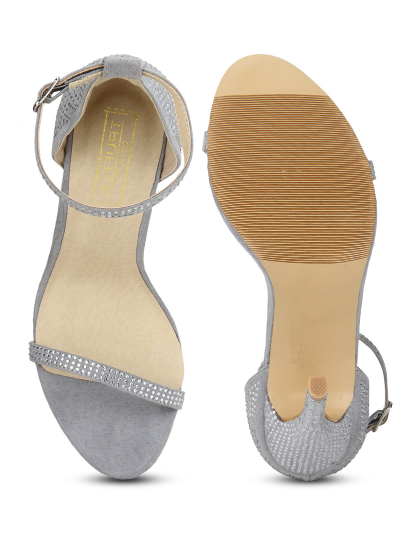 Grey Mircrofibre Diamante Ankle Strap Stiletto Heels
