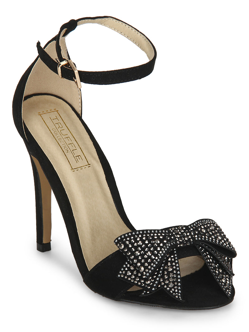 Black Mircrofibre Diamante Bow Ankle Strap Stiletto Heels