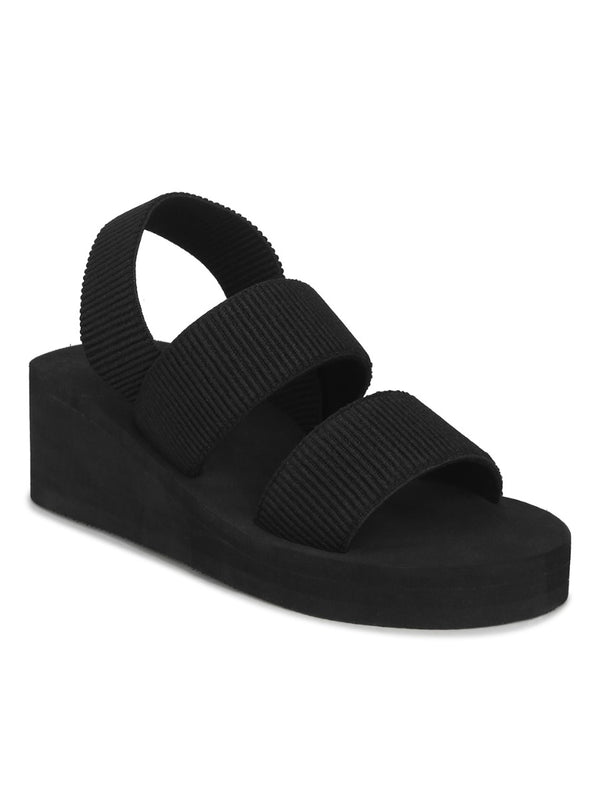 Truffle Collection Wide Fit flatform flip flop sandals in black