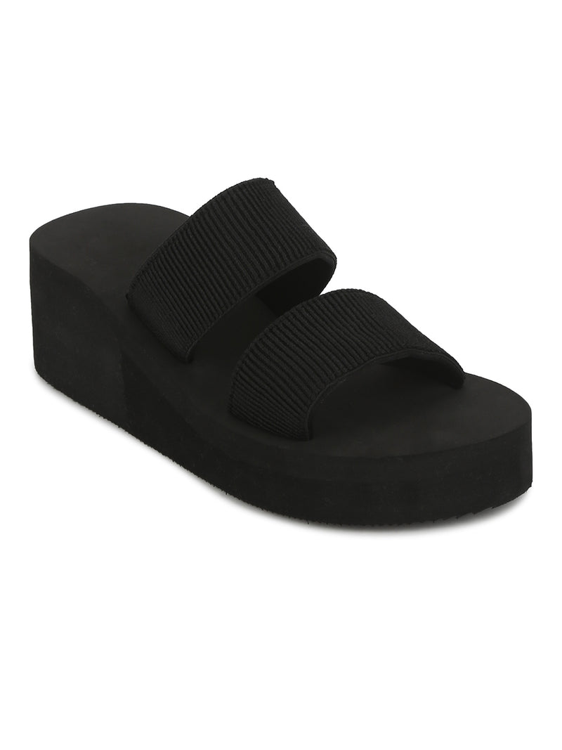 Black EVA Mid Heel Slip On Wedges