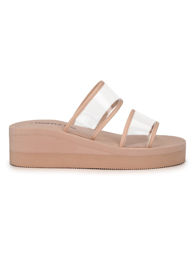 Beige PVC Wedges With Wide Clear Straps