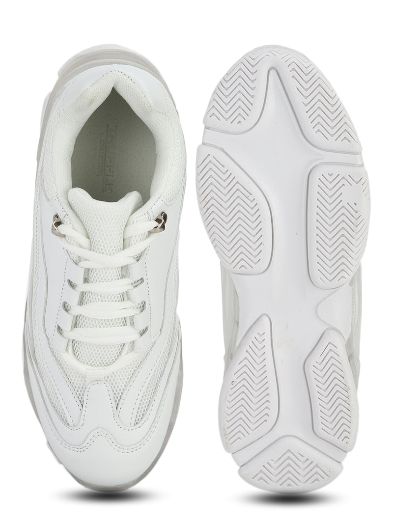 White PU Bubble Lace-Up Sneakers